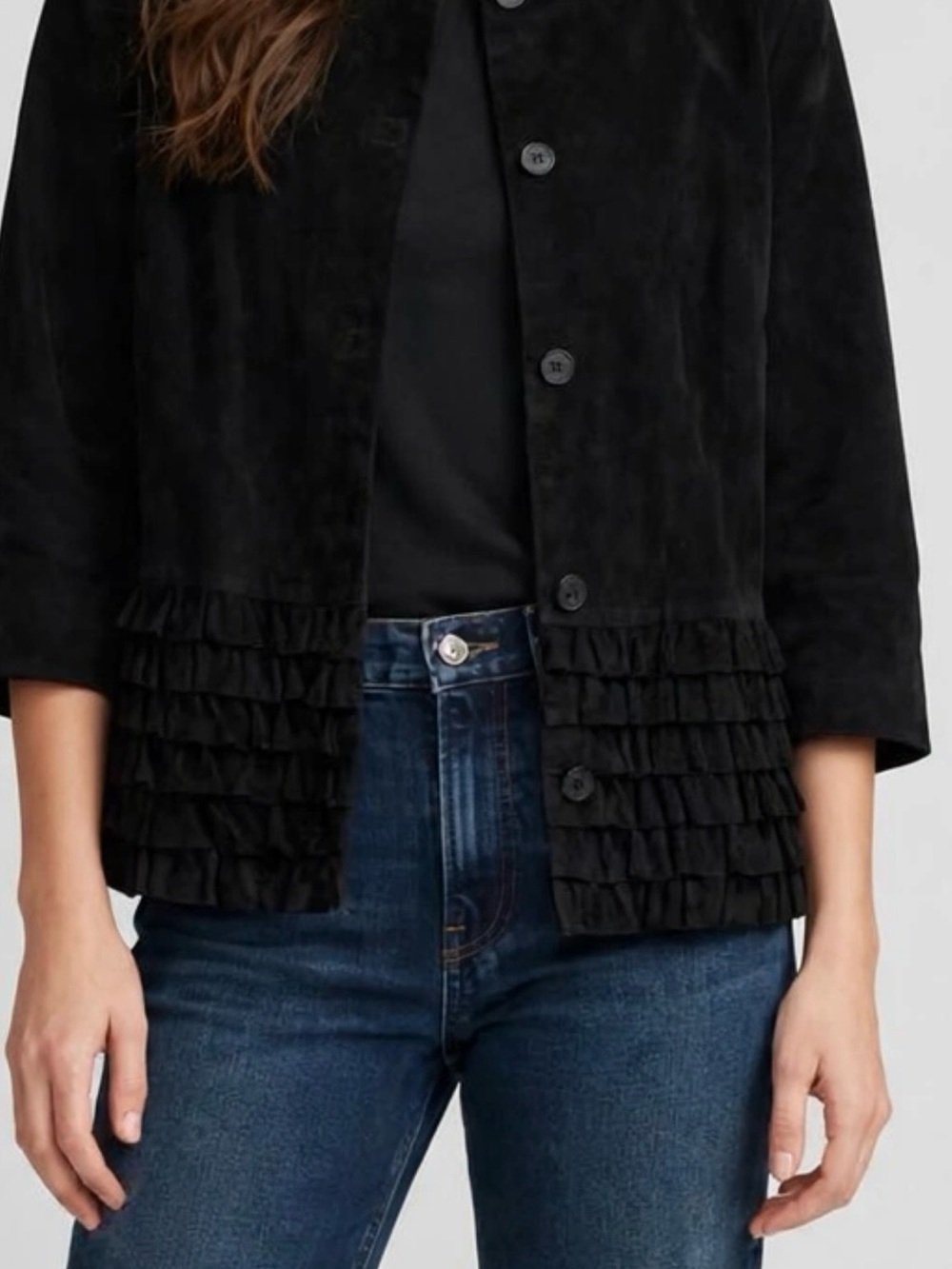 Terry Lewis Women's Black Suede Ruffle-Hem Jacket PTP 22” L18